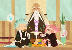  bald beard bleach blue_hair bonny369 eating facial_hair hitsugaya_toushirou kusajishi_yachiru pink_hair yamamoto-genryuusai_shigekuni yamamoto_genryuusai 