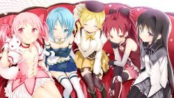  5girls :&gt; :3 akemi_homura arm_strap bangs belt black_hair black_legwear black_skirt blonde_hair blue_eyes blue_hair blue_skirt blush boots bow breasts brooch buriki cape capelet checkered checkered_background chin_rest choker closed_eyes closed_eyes collarbone corset couch couple detached_sleeves drill_hair elbow_gloves end_card fingerless_gloves gloves gradient gradient_background hair_ornament hairband hairbow hand_on_own_chest hand_on_thigh hands happy hat highres jewelry kaname_madoka knee_boots kyuubee large_breasts leaning_forward legs long_hair long_image long_sleeves looking_at_viewer magical_girl mahou_shoujo_madoka_magica miki_sayaka multiple_girls oerba_yun_fang official_art one_eye_closed open_mouth pantyhose pink_eyes pink_hair pink_skirt ponytail purple_eyes red_eyes red_hair ribbon ribbon_choker sakura_kyouko shiny shiny_hair shiny_skin short_hair short_sleeves short_twintails simple_background sitting skirt sleeveless sleeves_past_wrists small_breasts smile strapless striped striped_legwear thigh_gap thigh_strap thighhighs thighs tomoe_mami twin_drills twintails vertical-striped_legwear vertical_stripes wallpaper white_background white_gloves white_legwear wide_image wink yellow_skirt zettai_ryouiki 