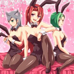  3girls animal_ears breasts bunny_ears bunny_girl bunny_tail bunnysuit cameltoe cathy cathy_(yugioh_zexal) cathy_(yuu-gi-ou_zexal) cleavage green_hair high_heels large_breasts mizuki_kotori_(yugioh_zexal) mizuki_kotori_(yuu-gi-ou_zexal) mugicha_(sukimachaya) multiple_girls red_hair shoes silver_hair sukimatyaya tail tsukumo_akari white_hair wrist_cuffs yu-gi-oh! yuu-gi-ou_zexal 