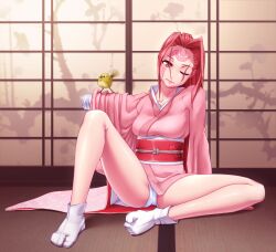  animal_on_arm baiken bandages bird bird_on_arm breasts commentary_request facial_mark facial_tattoo female forehead_mark guilty_gear head_tilt japanese_clothes kimono long_hair medium_breasts obi one-eyed panties pink_eyes pink_hair pink_kimono ponytail sash scar scar_across_eye scar_on_face shouji sitting sliding_doors solo spread_legs tabi tatami tattoo teratasiro underwear white_panties 