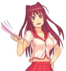  ahoge blush breasts cleavage female hand_on_own_hip holding kousaka_tamaki long_hair medium_breasts open_mouth pleated_skirt red_eyes red_hair school_uniform serafuku simple_background skirt solo to_heart_(series) to_heart_2 upper_body very_long_hair yuuji_(and) 