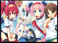  4girls :p animal_ears atelier_(series) atelier_viorate bell blue_eyes bow brown_eyes brown_hair cat_ears cat_tail crossover disgaea etna_(disgaea) group_picture gym_uniform hair_ornament hair_ribbon hairband hairclip long_hair lowres makai_senki_disgaea miyu_(trinity_universe) multiple_girls official_art pink_hair red_eyes red_hair ribbon rizelia_(trinity_universe) short_hair smile spiked_hair surprised tail tears tongue tongue_out trinity_universe tsunako twintails viorate_platane white_hair 