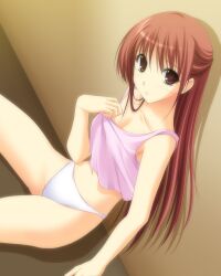  brown_eyes brown_hair commentary_request female long_hair looking_at_viewer navel original panties photoshop_(medium) pink_tank_top sitting solo takepon tank_top thighs underwear white_panties 