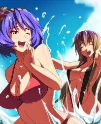  2girls bad_id bad_pixiv_id breasts gradient_hair hijiri_byakuren km_yama long_hair multicolored_hair multiple_girls purple_hair red_eyes short_hair slingshot_swimsuit swimsuit touhou two-tone_hair yasaka_kanako 