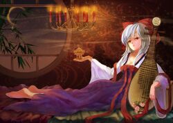  alternate_costume bad_id bad_pixiv_id bamboo barefoot bow branch breasts candle censer chandelier cherry_blossoms chinese_clothes cleavage crescent_moon female full_body hairbow hanfu highres holding incense indoors instrument kamishirasawa_keine letterboxed lying medium_breasts moon multicolored_hair night on_side orangec outstretched_arm pipa_(instrument) reclining red_eyes ribbon round_window sash solo sparkle touhou wide_sleeves window 