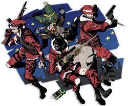  5boys balaclava call_of_duty call_of_duty:_modern_warfare_2 call_of_duty_4 captain_macmillan captain_price christmas christmas_tree christmas_tree_costume commentary_request ghillie_suit ghost_(modern_warfare_2) gun highres multiple_boys roach_(modern_warfare_2) santa_costume soap_(modern_warfare_2) sorano_kairi_(tinmeshi) weapon 