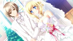  1boy blonde_hair blue_eyes bouquet breasts brown_eyes brown_hair couple curly_hair dress drill_hair dutch_angle female flower formal game_cg gloves highres hyper_highspeed_genius jewelry medium_breasts necklace necktie pink_flower pink_rose rose sakura_windsor short_hair sidelocks smile straight suit tiara veil wedding wedding_dress white_flower white_gloves white_rose yellow_flower yellow_rose yukiwo 