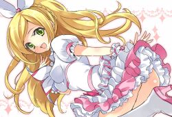  :d ass bad_id bad_pixiv_id blonde_hair boots braid breasts cure_rhythm dress female frills green_eyes hair_ribbon happy heart impossible_clothes impossible_shirt long_hair magical_girl medium_breasts minamino_kanade open_mouth precure ribbon shirt smile solo suite_precure wrist_cuffs yukiwo 