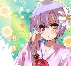  alternate_costume bad_link blue_eyes female floral_print flower hair_flower hair_ornament hati_(shirow) heterochromia japanese_clothes kimono kinchaku light_purple_hair looking_at_viewer lowres original pink_kimono pouch shirow_(crazy) short_hair solo yellow_eyes 