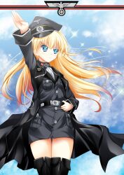  blonde_hair blue_eyes boots commentary_request cross dai_(series) daiteikoku female hat iron_cross long_hair military_uniform millelunar nazi peaked_cap photoshop_(medium) reichsadler retia_adolf salute solo straight-arm_salute swastika thigh_boots thighhighs uniform world_war_ii zettai_ryouiki 