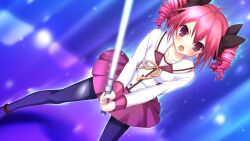  :o angry anklet black_pantyhose circle_skirt drill_hair energy_sword female fighting_stance game_cg hair_ribbon highres hyper_highspeed_genius jewelry open_mouth pantyhose patricia_lancaster pink_hair purple_eyes ribbon school_uniform short_hair skirt solo sword twin_drills twintails weapon yukiwo 