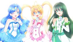  3girls bad_id bad_pixiv_id blonde_hair blue_eyes blue_hair blush earrings elbow_gloves gloves green_eyes green_hair hair_ornament highres houshou_hanon houshou_hanon_(idol) jewelry long_hair mermaid_melody_pichi_pichi_pitch microphone multiple_girls nanami_lucia nanami_lucia_(idol) nanami_lucia_(super_idol) necklace one_eye_closed open_mouth shell shell_earrings skirt smile star_(symbol) star_earrings star_hair_ornament surumeri_(baneiro) touin_rina touin_rina_(idol) twintails 