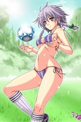  ball bikini bracelet braid breasts commentary_request female grass grey_hair hair_between_eyes highres izayoi_sakuya jewelry kneehighs medium_breasts midriff navel panties playing_sports purple_eyes side-tie_panties sideboob soccer soccer_ball socks solo standing swimsuit touhou twin_braids umyonge_(lkakeu) underboob underwear 