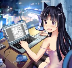  accident adobe_photoshop alternate_costume animal_ears artistic_error at_computer bad_reflection bare_shoulders black_hair black_thighhighs blush breasts cat_ears chemise chinese_text commentary_request computer drawing_tablet edogawakid female gokou_ruri hairband laptop long_hair medium_breasts modem mole mole_under_eye no_bra off_shoulder open_mouth ore_no_imouto_ga_konna_ni_kawaii_wake_ga_nai photoshop_(medium) pixiv_username purple_eyes recursion reflection samsung see-through self-portrait shindan_maker sideboob sitting solo spilling strap_slip sweat table thighhighs wacom windows_7 