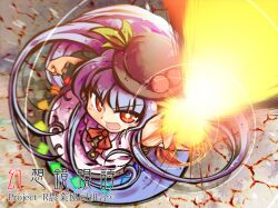  blue_hair bow chibi clenched_hand commentary_request dress female food fruit hat hinanawi_tenshi long_hair okome_(kome_kuma) open_mouth peach red_eyes smile solo sword_of_hisou touhou 