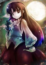  bonsai bow bowtie brown_eyes brown_hair female full_moon houraisan_kaguya koohee long_hair long_sleeves moon sleeves_past_wrists solo touhou very_long_hair watering_can 