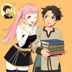  2boys belt book brown_hair cellphone claude_von_riegan commentary_request cyril_(fire_emblem) dark-skinned_male dark_skin female fire_emblem fire_emblem:_three_houses garreg_mach_monastery_uniform guttary hilda_valentine_goneril holding holding_book holding_phone long_hair long_sleeves multiple_boys nail_polish one_eye_closed open_mouth phone pink_eyes pink_hair short_hair short_sleeves simple_background smartphone thighhighs twintails twitter_username uniform 