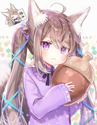  :&lt; :3 ^_^ acorn acorn_hair_ornament ahoge animal_ear_fluff animal_ears brown_hair closed_eyes commentary_request fang_out female fox_ears fox_girl fox_tail hair_ribbon long_hair long_sleeves oerba_yun_fang original oversized_food oversized_object pajamas purple_eyes ribbon rucaco sleeves_past_wrists tail translation_request twintails 