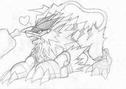  armor bandai_namco claws clothing digimon digimon_(species) felid feline feral food fur gauntlets gloves handwear heart_symbol hungry mammal meat meat_on_bone monochrome quadruped re07722035 runnermon solo striped_body striped_fur stripes traditional_media_(artwork) visor 