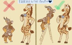  antelope anthro apatheticxaddict bovid bovine container cup duo english_text giraffe giraffid hi_res horn how-to how_to_talk_to_short_people ladder male mammal meme nyala ossicone size_difference spiral-horned_antelope tail text 