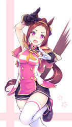  animal_ears arm_up armpits bangle blush bracelet brown_hair female gloves gogatsu_no_renkyuu highres horse_ears horse_girl horse_tail jewelry long_hair looking_at_viewer open_mouth ponytail purple_eyes sakura_bakushin_o_(umamusume) skirt solo standing standing_on_one_leg tail thighhighs thighs umamusume uniform white_thighhighs 