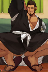  1boy anal_hair arm_behind_head bara beard black_kimono bleach chest_hair facial_hair full_body fundoshi japanese_clothes jimsdaydreams kimono kurosaki_isshin large_pectorals leaning_back leg_hair male_focus mature_male midriff_peek muscular muscular_male old old_man open_clothes open_kimono paid_reward_available pectoral_cleavage pectorals sandals short_hair smirk smug solo spread_legs squatting thighs 