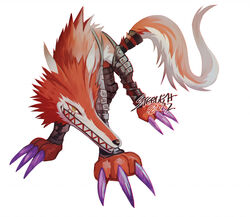  ambiguous_gender bandai_namco belt canid canine canis claws digimon digimon_(species) fangmon feral fur leather long_snout looking_at_viewer mammal orange_body orange_fur quadruped sharp_teeth simple_background snout solo steeleh straps teeth white_background wolf 