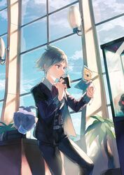  1boy black_pants carbink cloud collared_shirt commentary cup day display_case drinking from_below hands_up highres holding holding_cup indoors jacket jewelry light long_sleeves male_focus necktie odashi_(namiri) pants plant pokemon pokemon_(creature) pokemon_oras ring shirt short_hair sky steven_stone white_shirt window 