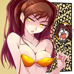  2girls artist_name bikini bikini_top breasts chibi cleavage commentary english_commentary haysey highres kujikawa_rise medium_breasts multiple_girls open_mouth persona persona_4 red_hair shadow_rise shiny shiny_skin shouting simple_background sweatdrop swimsuit twintails yellow_bikini yellow_eyes 