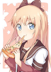  absurdres artist_self-insert blonde_hair blue_eyes bow brown_bow cheese_trail commentary eating female food food_with_face hairbow highres holding holding_food holding_pizza layered_sleeves long_hair long_sleeves nanamori_school_uniform pizza pizza_(pizzania_company) pizza_slice school_uniform serafuku short_over_long_sleeves short_sleeves solo toshinou_kyouko uniform upper_body yuru_yuri 