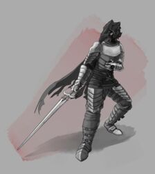  absurd_res accipitriform anthro armor avian bird blood bodily_fluids damaged_armor damaged_clothing elden_ring fromsoftware hi_res male melee_weapon monochrome revertigo simple_background solo sword vulture weapon wounded 