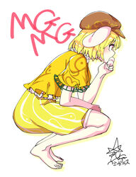  animal_ears barefoot blonde_hair brown_hat cabbie_hat commentary_request dango eating female floppy_ears food from_side full_body hat highres holding holding_food mg_mg orange_shirt partial_commentary rabbit_ears ringo_(touhou) shirt short_hair short_sleeves shorts signature simple_background solo squatting striped_clothes striped_shorts touhou umigarasu_(kitsune1963) wagashi white_background yellow_eyes yellow_shorts 