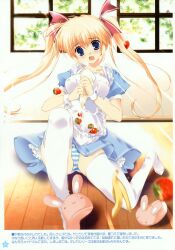  :3 absurdres animal_slippers apron blonde_hair blue_eyes blush_stickers bow bunny_slippers commentary_request copyright_request d: female food fruit hairbow highres long_hair mikeou motion_blur o_o oerba_yun_fang open_mouth panties pantyshot pastry_bag scan sitting slippers strawberry striped_clothes striped_panties thighhighs translation_request twintails underwear window wrist_cuffs 