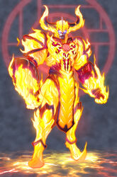  1boy absolute_diavolo alien armor aura blue_eyes burning chest_tattoo commentary_request demon_horns fire frown full_armor full_body glowing glowing_bodysuit glowing_eyes glowing_horns gold_armor highres horns huge_horns kuroda_asaki male_focus solo tattoo ultra_galaxy_fight:_the_destined_crossroad ultra_series ultraman_trigger_(series) 