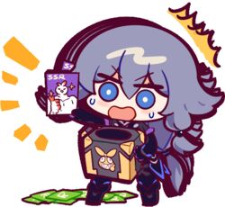  animated animated black_gloves black_hair blue_eyes bodysuit box chibi closed_mouth female fu_hua fu_hua_(shadow_knight) full_body gloves holding holding_box homu_(honkai_impact) honkai_(series) honkai_impact_3rd jingwei_(bird) long_hair long_sleeves loot_box official_art open_mouth ponytail simple_background solo sweat transparent_background 