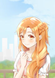  absurdres asuna_(sao) blonde_hair blurry blurry_background braid brown_eyes closed_mouth collarbone female hair_between_eyes hair_over_shoulder half_up_half_down_braid highres kulomo long_hair shirt short_sleeves smile solo sword_art_online upper_body white_shirt 