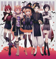  5boys :d abandon_ranka adapted_costume animal_ears aqua_eyes atsushi_toushirou bandaged_leg bandages bat_(animal) belt black_footwear black_gloves black_hair black_headwear black_scarf black_shorts black_socks black_thighhighs blonde_hair blood blood_on_clothes blue_eyes boots bow brown_eyes brown_hair buttons cape chains checkered_clothes checkered_shirt chinese_clothes choker claw_pose coat collared_shirt commentary_request cross-laced_footwear crossed_legs demon_horns demon_tail double-breasted dress flats frills full_body fur-trimmed_boots fur_trim gloves gotou_toushirou grey_legwear grey_shirt grey_shorts grin hair_between_eyes halloween hand_on_another&#039;s_shoulder hand_on_headwear hand_up hat hat_bow highres holding holding_scissors horns jack-o&#039;-lantern jiangshi kneehighs lineup loafers long_hair long_sleeves male_focus midare_toushirou multicolored_hair multiple_boys necktie ofuda open_mouth orange_bow orange_footwear otoko_no_ko outstretched_hand pants paw_shoes pigeon-toed puffy_short_sleeves puffy_sleeves purple_eyes purple_hair purple_shirt qingdai_guanmao red_hair red_shirt sash scarf scissors shinano_toushirou shirt shoes short_sleeves shorts side-by-side smile socks standing standing_on_one_leg streaked_hair striped_clothes striped_shirt suspender_shorts suspenders tail thighhighs torn_clothes torn_shirt touken_ranbu underbust v-neck vertical-striped_clothes vertical-striped_shirt white_coat wide_sleeves winged_footwear witch_hat wolf_boy wolf_ears wolf_tail wrist_cuffs yagen_toushirou zettai_ryouiki 