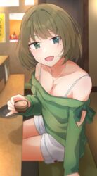  absurdres alcohol blue_eyes bob_cut bra_strap breasts cleavage collarbone female green_eyes green_hair green_shirt heterochromia highres idolmaster idolmaster_cinderella_girls indoors looking_at_viewer medium_breasts mole mole_under_eye off-shoulder_shirt off_shoulder restaurant sake shirt shorts silver116 sitting smile solo takagaki_kaede white_shorts 