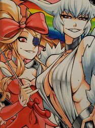  2girls bare_shoulders blonde_hair bow breasts center_opening choker cleavage collarbone commentary commission dress drill_hair earrings english_commentary eyepatch flipped_hair fur_trim hairbow harime_nui highres holding holding_umbrella huge_bow jewelry jgeorgedrawz kill_la_kill kiryuuin_ragyou large_breasts long_hair looking_at_viewer multicolored_hair multiple_girls navel pink_bow pinky_out rainbow_hair red_eyes short_hair sideboob smile teeth traditional_media twin_drills twintails umbrella white_hair 