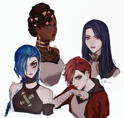  4girls arcane:_league_of_legends arcane_caitlyn arcane_jinx arcane_vi armor bare_shoulders blue_hair braid breasts brown_eyes caitlyn_(league_of_legends) character_name closed_mouth cloud_tattoo collarbone commentary cropped_torso dark-skinned_female dark_skin dreadlocks earrings gold_armor hair_over_one_eye hood hood_down jacket jewelry jinx_(league_of_legends) kiyukyuu league_of_legends long_hair medium_breasts mel_medarda multiple_girls open_clothes open_jacket red_hair red_jacket short_hair shoulder_plates shoulder_tattoo signature simple_background tattoo twin_braids very_dark_skin vi_(league_of_legends) white_background 