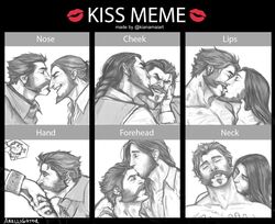  2boys analligator artist_name bara beard closed_eyes english_text facial_hair french_kiss graves_(league_of_legends) greyscale highres kiss_chart kissing kissing_cheek kissing_forehead kissing_hand kissing_neck kissing_nose league_of_legends long_hair male_focus monochrome multiple_boys multiple_drawing_challenge short_hair tongue tongue_out twisted_fate upper_body yaoi 