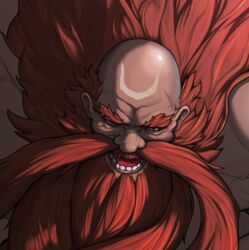  1boy bad_id bad_pixiv_id bald beard facial_hair gragas grey_eyes korean_commentary kos-suyeomsinsa league_of_legends long_beard looking_down lower_teeth_only male_focus moustache muscular muscular_male open_mouth red_hair shiny_skin solo teeth thick_eyebrows upper_body 