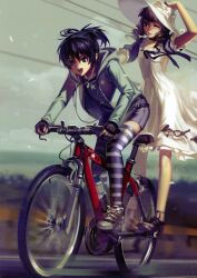  2girls :d absurdres alphonse_(white_datura) bicycle black_rock_shooter dress earbuds earphones fingerless_gloves gloves hand_on_headwear hat highres holding hood hooded_jacket jacket kuroi_mato motion_blur mountain_bicycle multiple_girls multiple_riders one_eye_closed open_mouth riding smile star_(symbol) striped_clothes striped_thighhighs sun_hat sundress takanashi_yomi thighhighs twintails uneven_twintails white_dress 