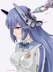  1girls amber_eyes blue_hair blue_ribbon blue_stripes bodysuit clothed collared_shirt covered_breasts deactivated empty_eyes exposed_brain exposed_head exposed_neck female female_only female_solo girls&#039;_frontline girls_frontline headgear long_hair long_sleeves mechabare medal medium_breasts neck rasen_manga robot robot_girl robot_humanoid solo solo_female solo_focus tar-21_(girls&#039;_frontline) white_bodysuit white_clothing 