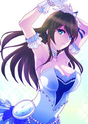  adapted_costume armpits arms_up black_hair blue_eyes breasts cleavage commentary_request female gloves hairband idolmaster idolmaster_cinderella_girls idolmaster_cinderella_girls_starlight_stage jewelry jitome large_breasts long_hair looking_at_viewer off-shoulder_sweater off_shoulder pendant_watch rurukichi sagisawa_fumika solo starry_sky_bright_(idolmaster) sweater tiara upper_body watch white_gloves 