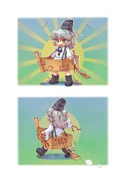  blush boat cardboard commentary_request female grey_eyes grey_hair hat japanese_clothes mononobe_no_futo playing_games sankuma smile solo tate_eboshi touhou watercraft 