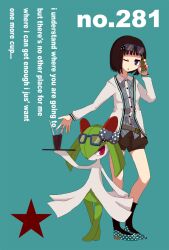  arm_up bad_id bad_pixiv_id belt black_legwear blue_eyes blunt_bangs brown_hair cellphone coffee cup dress_shirt drinking_straw eyewear_on_head female glasses hairband high_heels holding kirlia nail_polish ngayope no_nose one_eye_closed open_mouth phone pokemon pokemon_(creature) polka_dot red_eyes ribbon shirt shoes shorts socks star_(symbol) striped sunglasses tray 