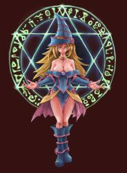  bare_shoulders blonde_hair blue_footwear boots breasts cleavage commentary_request dark_magical_circle dark_magician_girl duel_monster female green_eyes hat hexagram highres huge_breasts long_hair magic_circle pentacle pentagram rokuta66 smile solo star_of_david yu-gi-oh! 