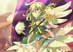  1boy alternate_color bad_id bad_pixiv_id blonde_hair cropped_jacket dress elize_lutus female frills green_dress halo jewelry maruishi pendant short_hair smile staff tales_of_(series) tales_of_xillia teepo_(tales) white_hair wingul_(tales) 