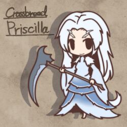  character_name chibi commentary_request dark_souls_(series) dark_souls_i dragon_girl female fur fushigi_ebi horns long_hair priscilla_the_crossbreed scythe solo tail weapon white_hair 